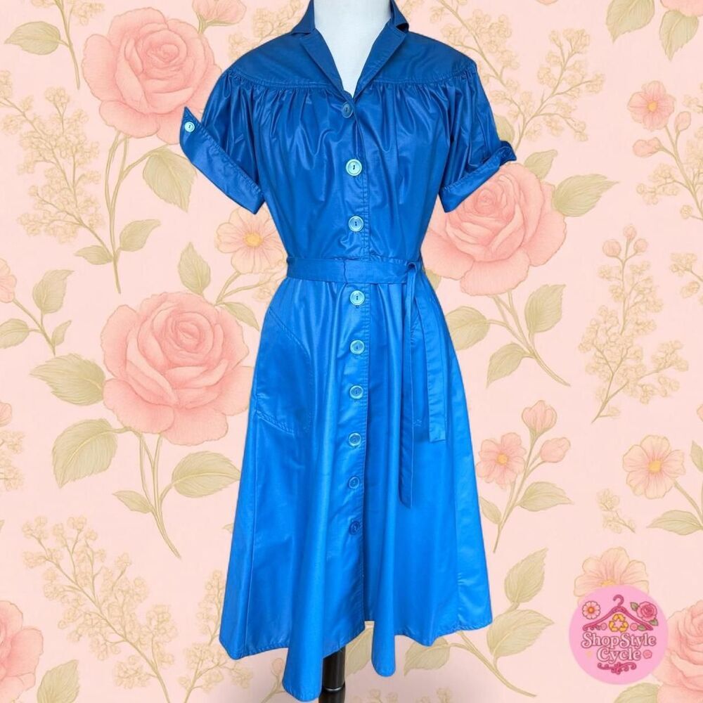 Vintage Cobalt Blue Puff Sleeve Shirt Dress with Belt - S - Prairiecore Cottage